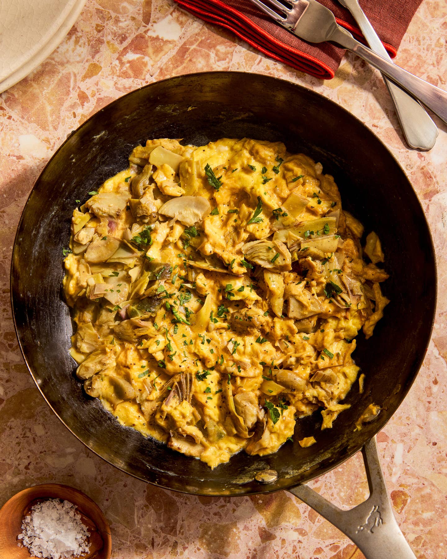 Scrambled Eggs with Garlicky Artichokes