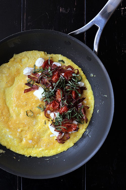 Salami Oven Roasted Tomato Mozzarella and Basil Omelette