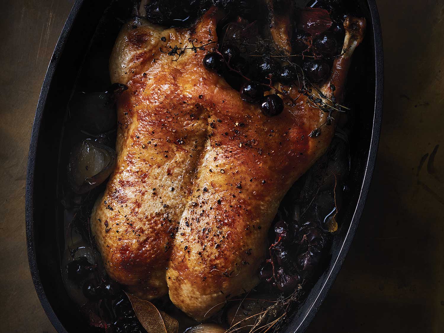 Roast Duck with Shallots and Concord Grapes