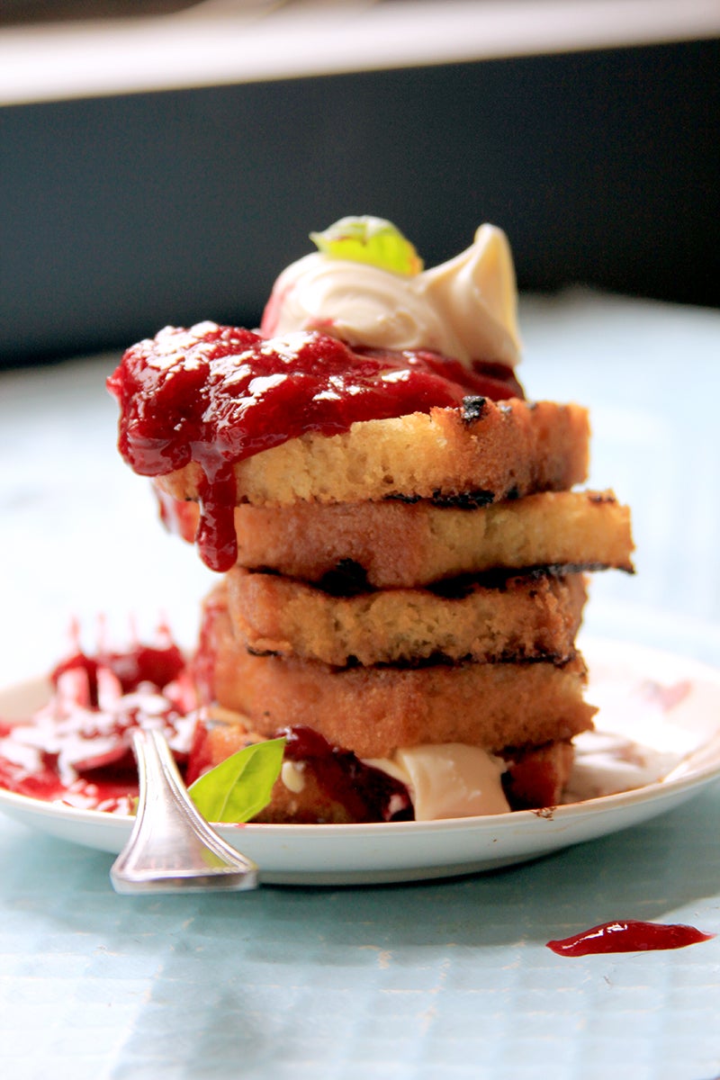 Grilled Pound Cake with Basil Plum Compote