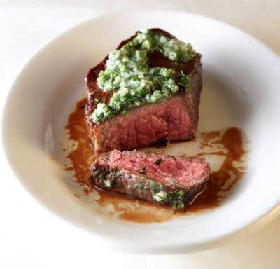 Flat iron outlet steak in skillet