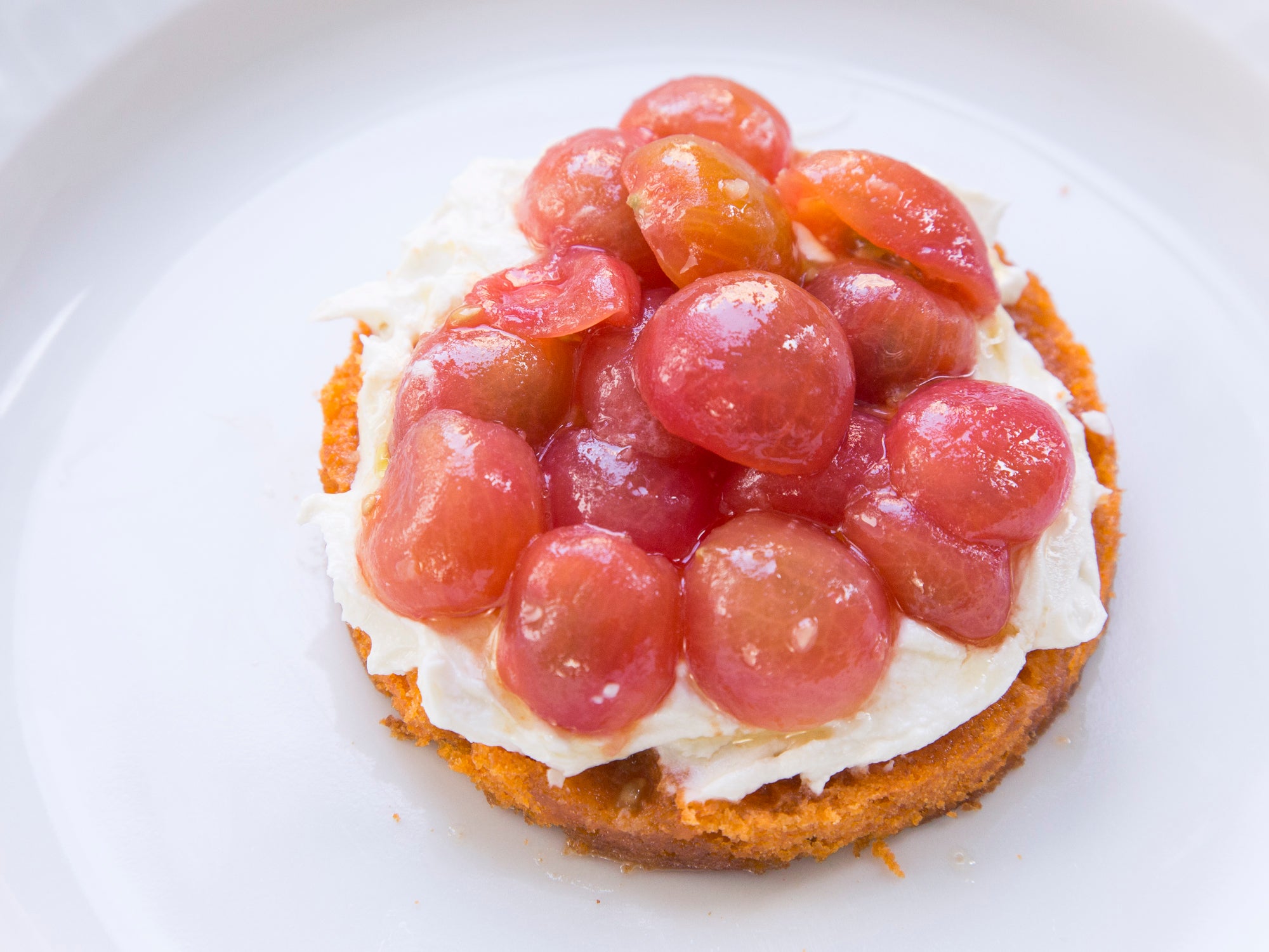 Tomato Cake with Smoked Feta Cream and Marinated Tomatoes | Saveur