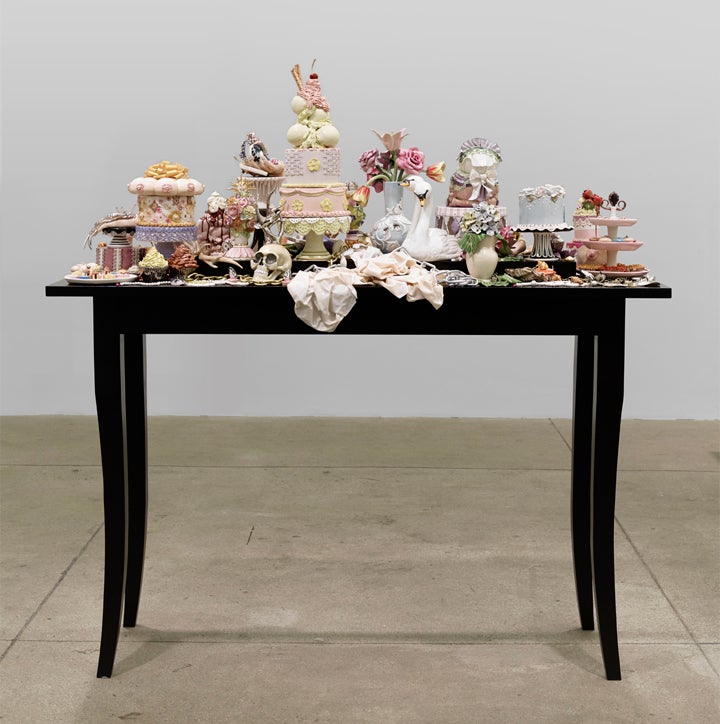 Untitled (still life), 2014, porcelain, glaze, china paint, lustre, enamel, wire, wood, 63