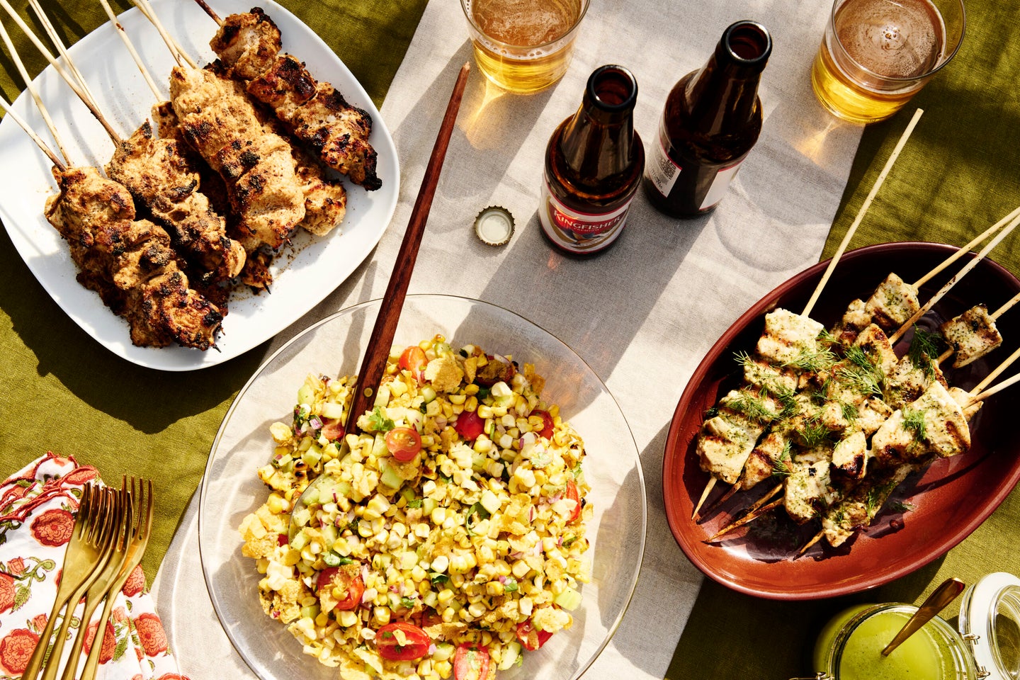 Indian grilling recipes: chicken tikka kebabs, swordfish kebabs, and corn bhel