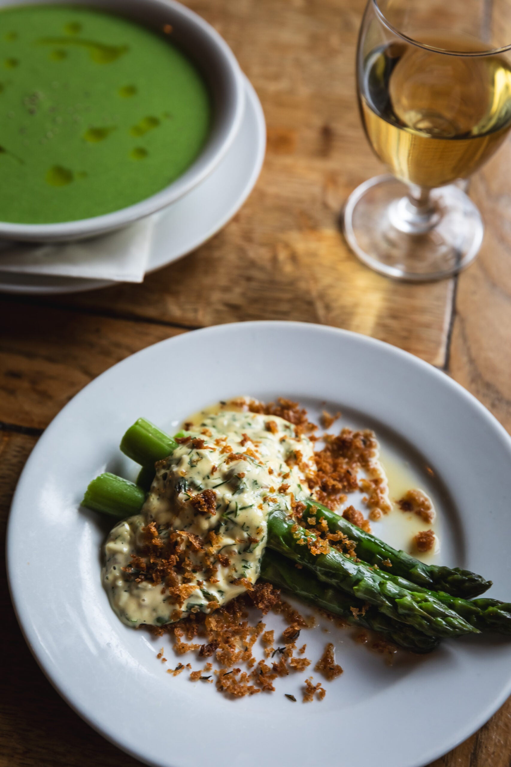 Asparagus Gribiche Sourdough Crumbs Wild Garlis and poatat soup