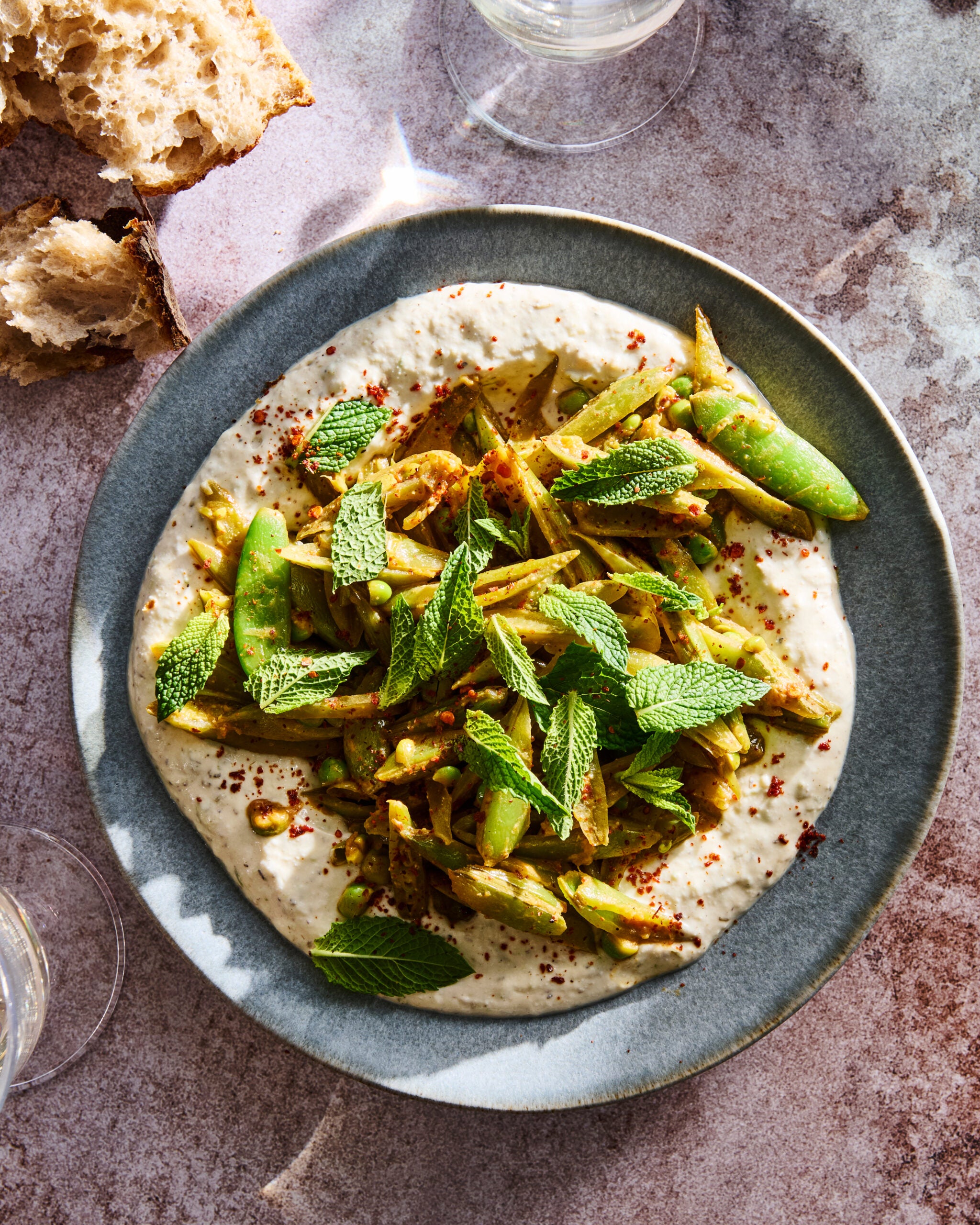 Lemon-Miso Snap Peas with Charred-Scallion Ricotta