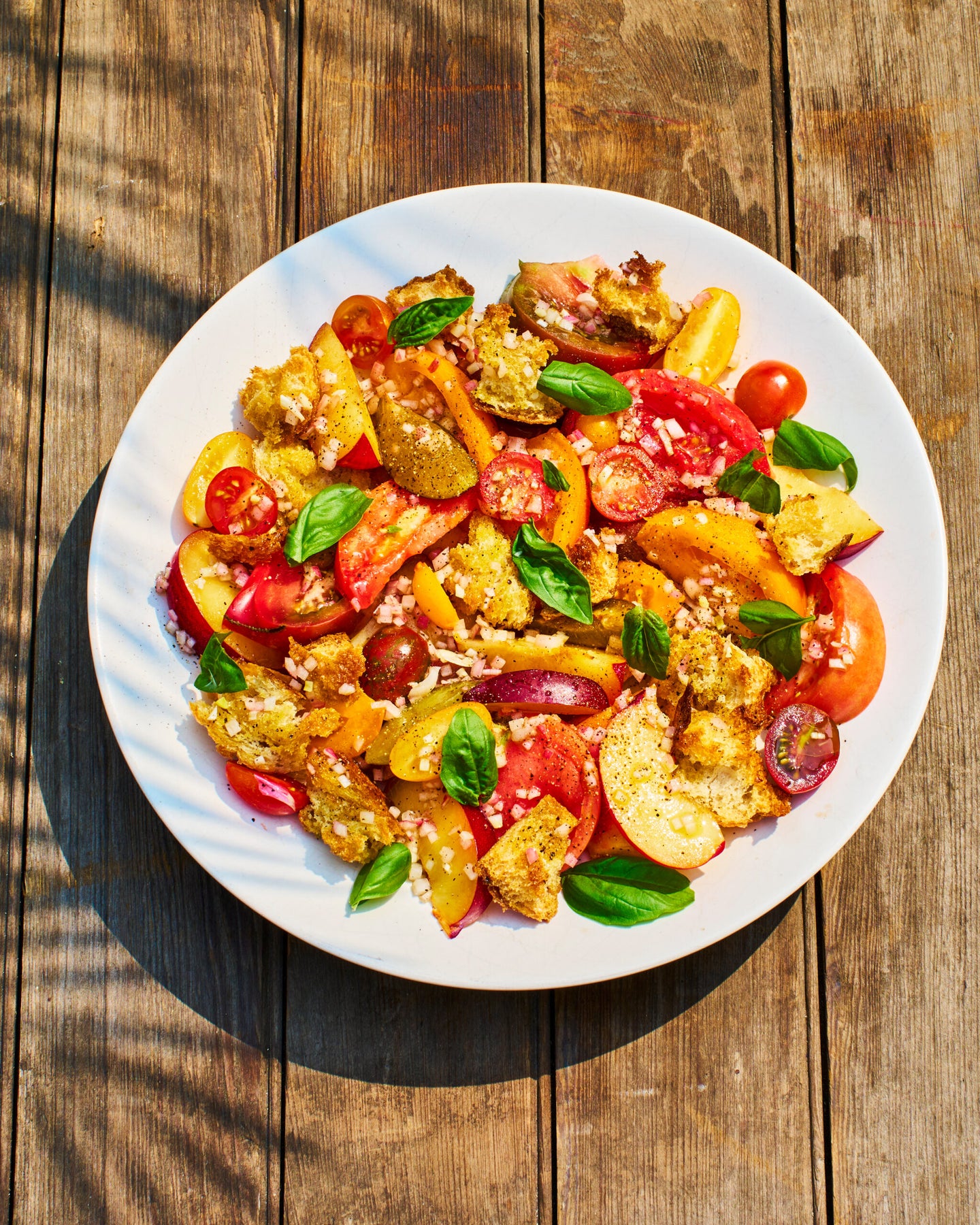 Heirloom Tomato and Stone Fruit Salad with Garlicky Croutons