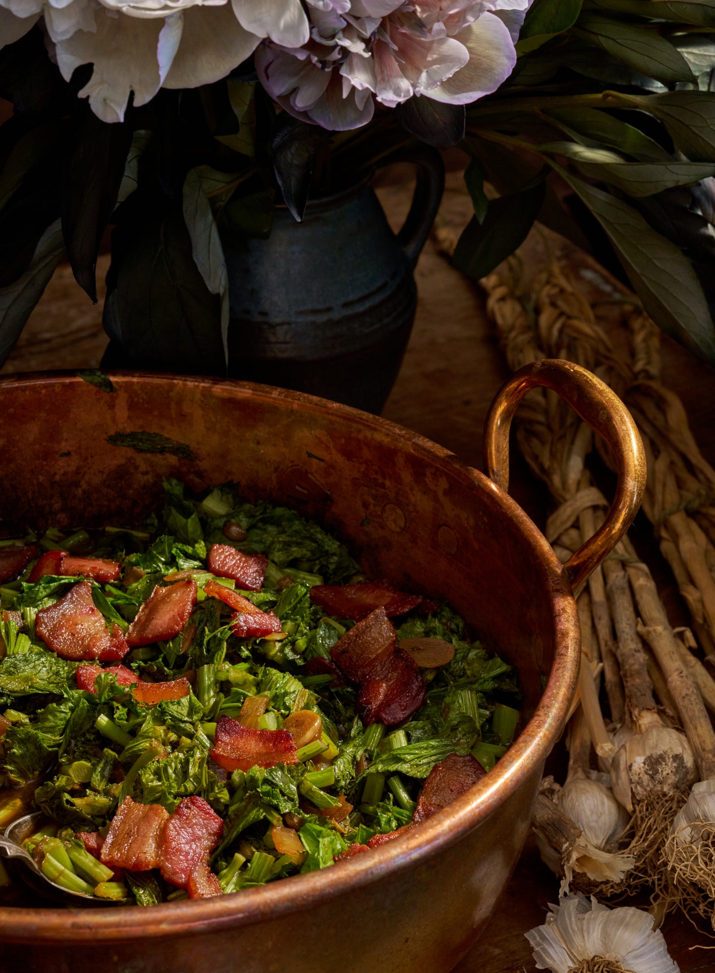 Beer-Braised Mustard Greens with Wild Boar Bacon