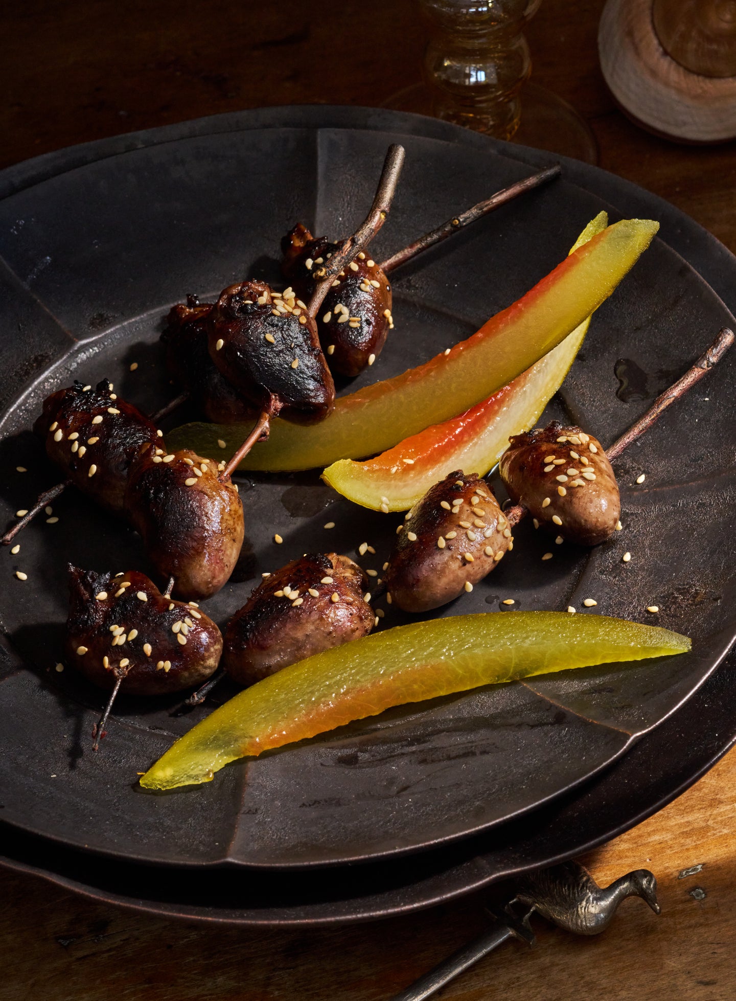 Yakitori-Style Duck Hearts with Pickled Watermelon Rind