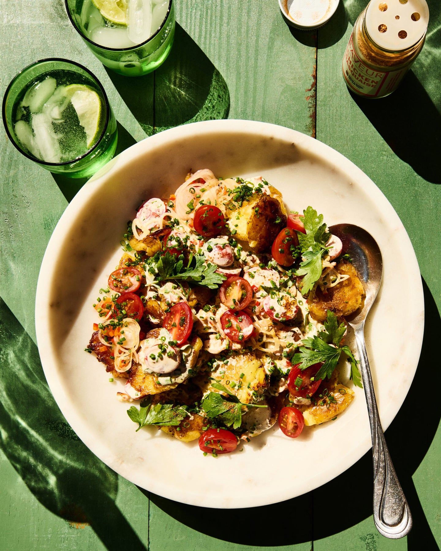 Smashed Potato Salad with Cherry Tomatoes and Roasted Red Peppers